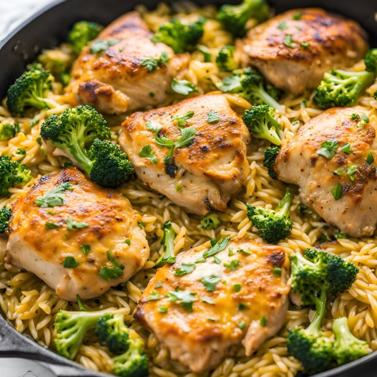 Skillet Chicken Thighs with Broccoli Cheddar Orzo Recipe