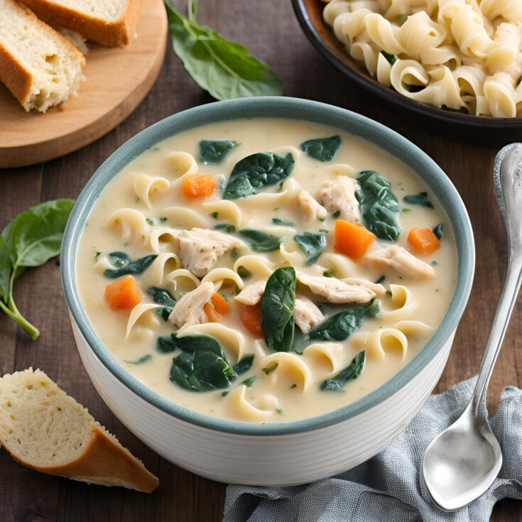 Creamy Chicken Soup with Pasta and Spinach Recipe